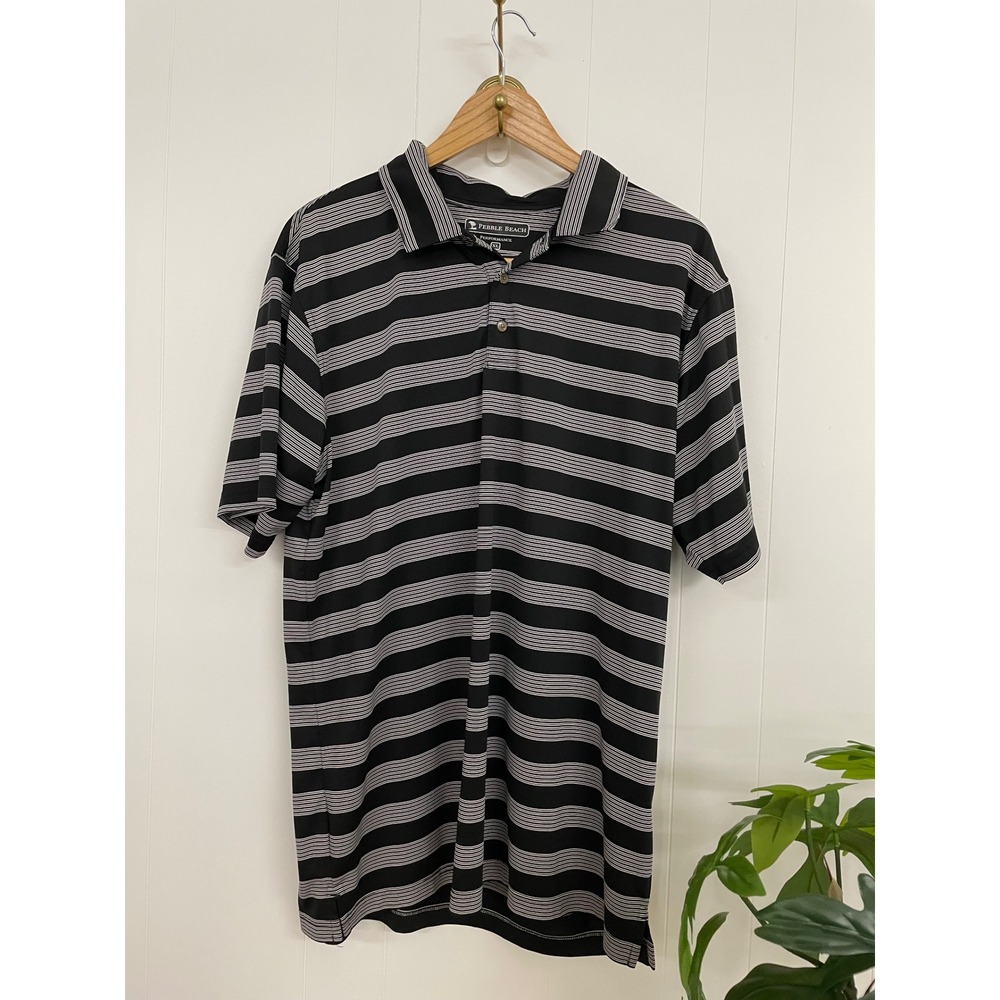 Pebble Beach Performance Mens XL Polo Shirt Black White Striped Golf Shirt